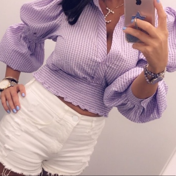 Zara Tops Zara Lilac Gingham Blouse W Pillowy Sleeves Poshmark